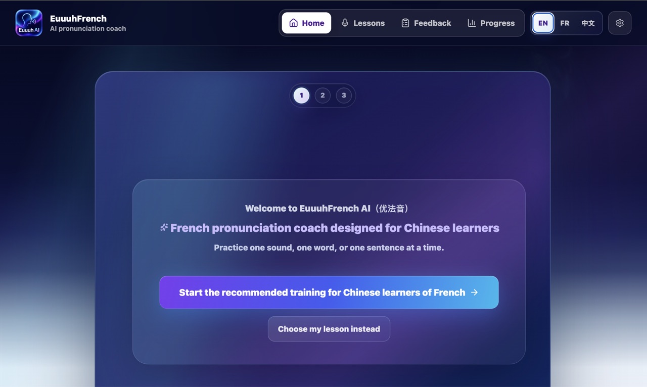 EuuuhFrench AI home preview with pronunciation practice entry points.