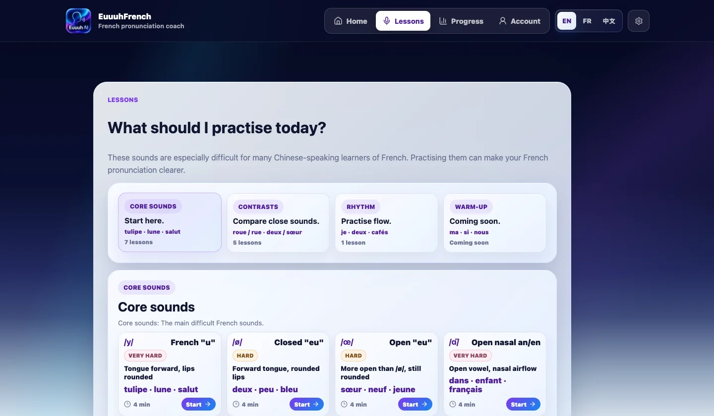 EuuuhFrench AI lesson page showing core sounds and contrast practice sections.