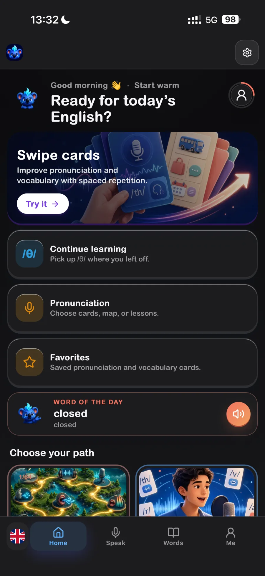 Sifaks: Language Learning English home screen in dark mode.