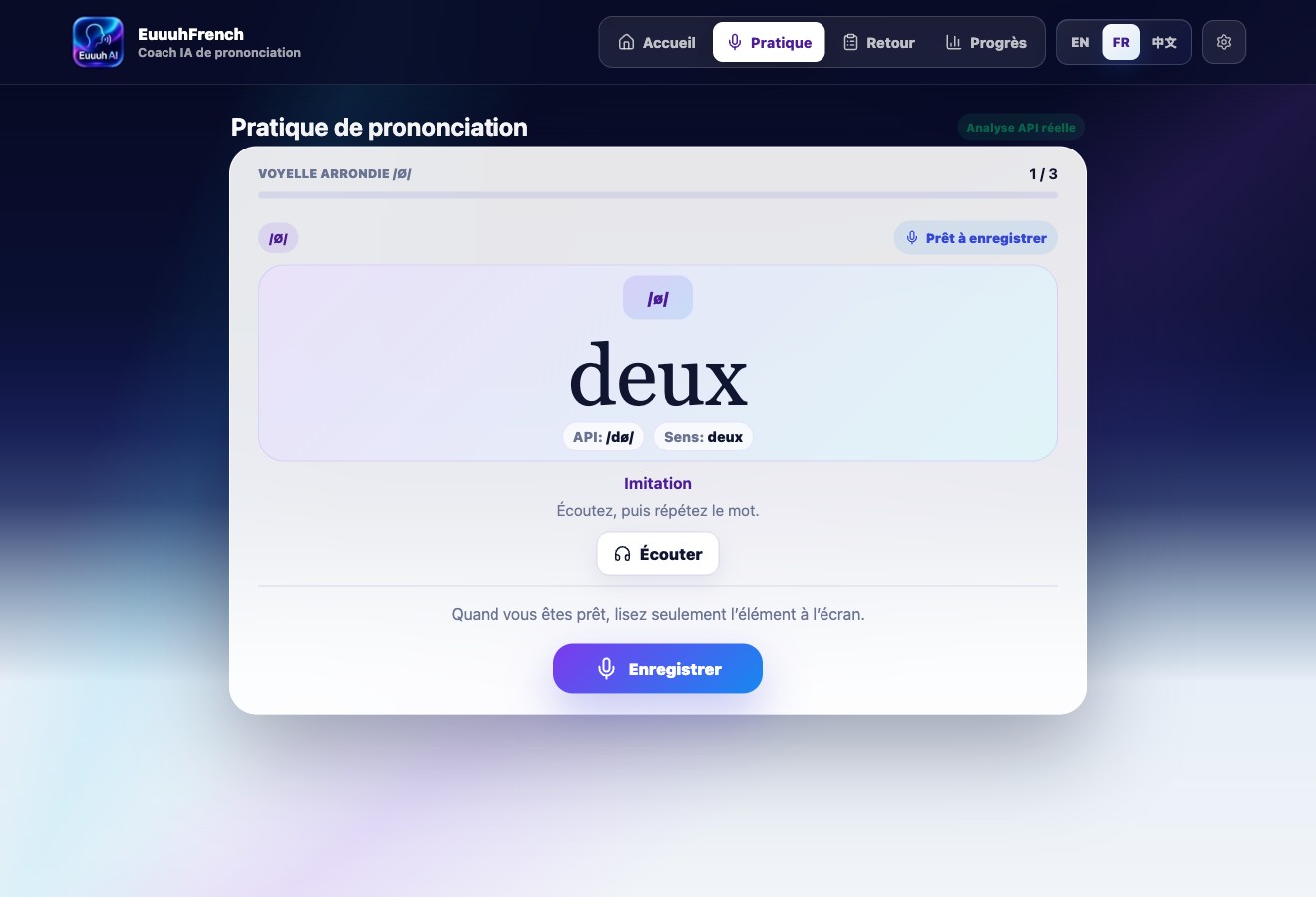 EuuuhAI for French practice screen with word and microphone controls