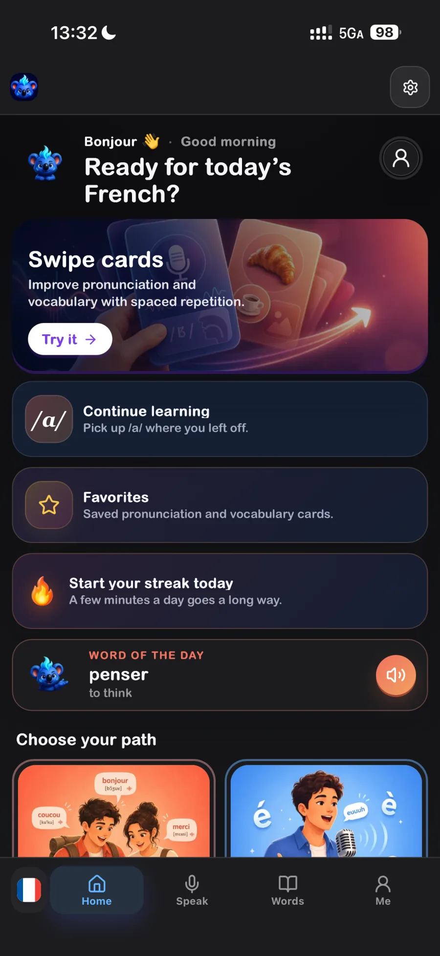 Sifaks: Language Learning French home screen in dark mode