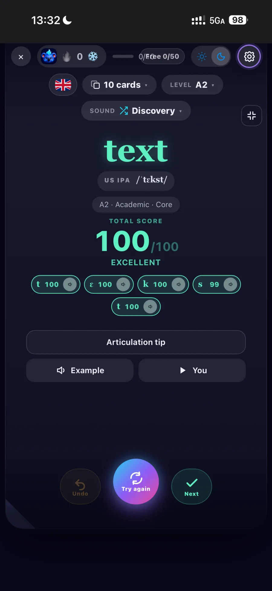 Sifaks: Language Learning pronunciation score screen with sound-level feedback